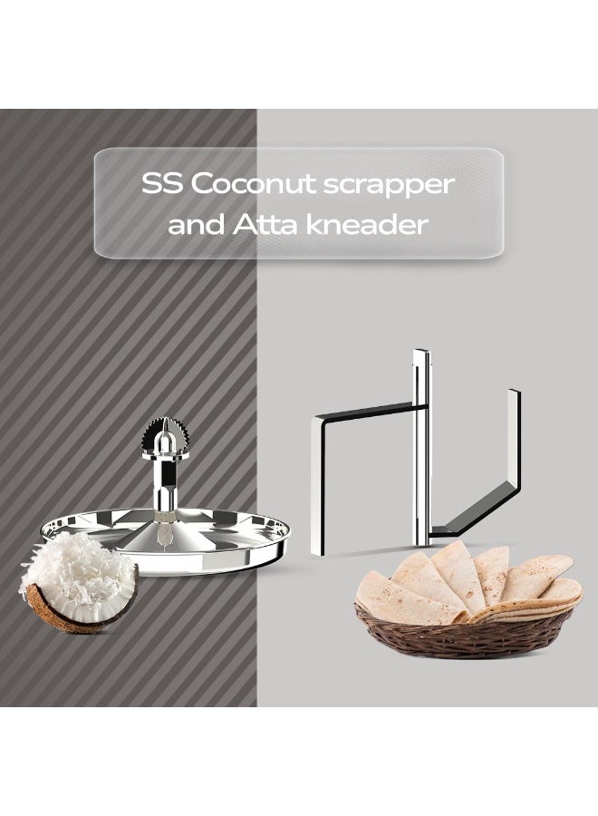 Ultra Bigg+ Wet Grinder Celebration Pack | 2.5L Multiutility Drum with Conical Stones | 1L Spice Mix Drum with Cylindrical Stone, Coconut Scraper, Atta Kneader & AISI 304 FoodGrade Stainless Steel - Image 4