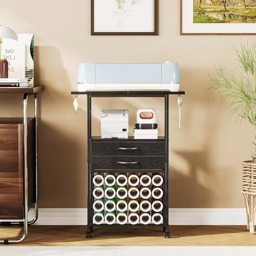 VENNQD Organizer and Storage Stand Compatible with Cricut Machines,Rolling Storage Cart/Shelf with 24 Vinyl Roll Holders，2 Fabric Drawer,Accessories Holder,Tool Hook for Craft Room Home (Black) - Image 2
