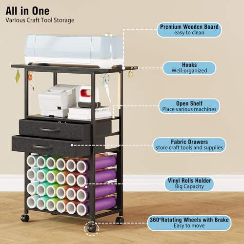 VENNQD Organizer and Storage Stand Compatible with Cricut Machines,Rolling Storage Cart/Shelf with 24 Vinyl Roll Holders，2 Fabric Drawer,Accessories Holder,Tool Hook for Craft Room Home (Black) - Image 4