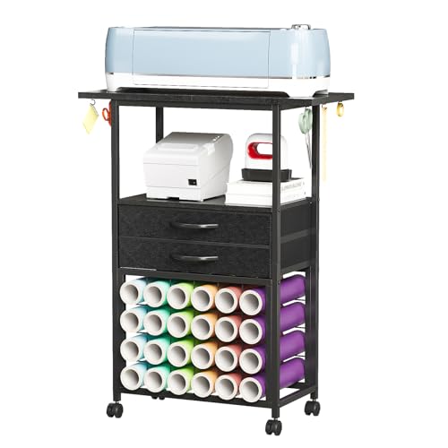VENNQD Organizer and Storage Stand Compatible with Cricut Machines,Rolling Storage Cart/Shelf with 24 Vinyl Roll Holders，2 Fabric Drawer,Accessories Holder,Tool Hook for Craft Room Home (Black) - Image 1