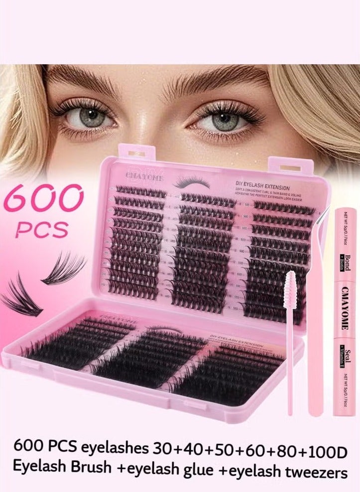 CMAYOME 600 Pcs DIY Lash Extension Kit, 6 Styles 30D-100D Individual Cluster Lashes, False Eyelashes with Bond & Seal Glue, Tweezers & Lash Brush - Image 1