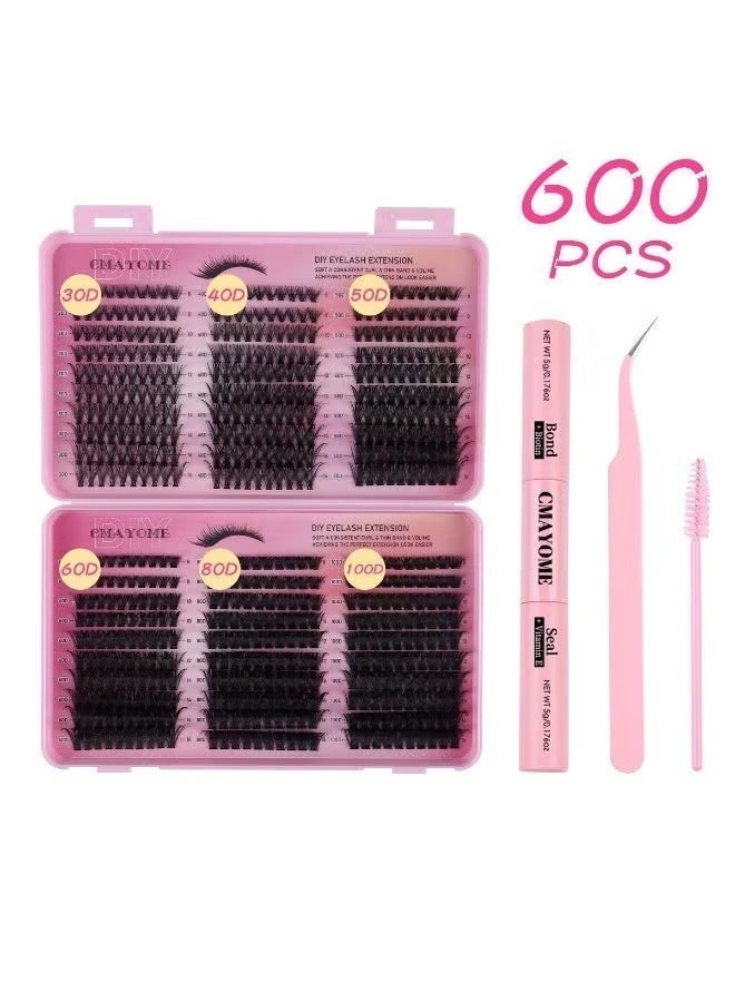 CMAYOME 600 Pcs DIY Lash Extension Kit, 6 Styles 30D-100D Individual Cluster Lashes, False Eyelashes with Bond & Seal Glue, Tweezers & Lash Brush - Image 2
