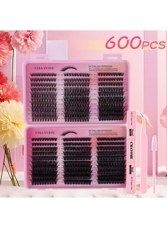 CMAYOME 600 Pcs DIY Lash Extension Kit, 6 Styles 30D-100D Individual Cluster Lashes, False Eyelashes with Bond & Seal Glue, Tweezers & Lash Brush - Image 4