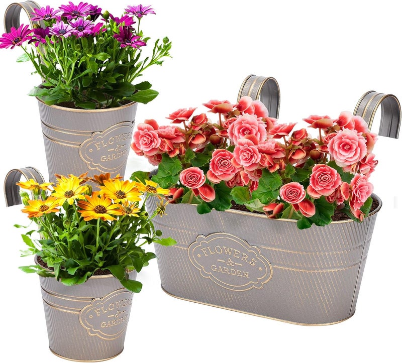 PerGar Vintage Metal Iron Wall Hanging Flower Pots, Rustic Planter Bucket Herb Flower Plant Holder with Detachable Hooks & Drainage Hole for Railing Fence Balcony Deck Garden Home Decoration, Set of 3 - Image 1