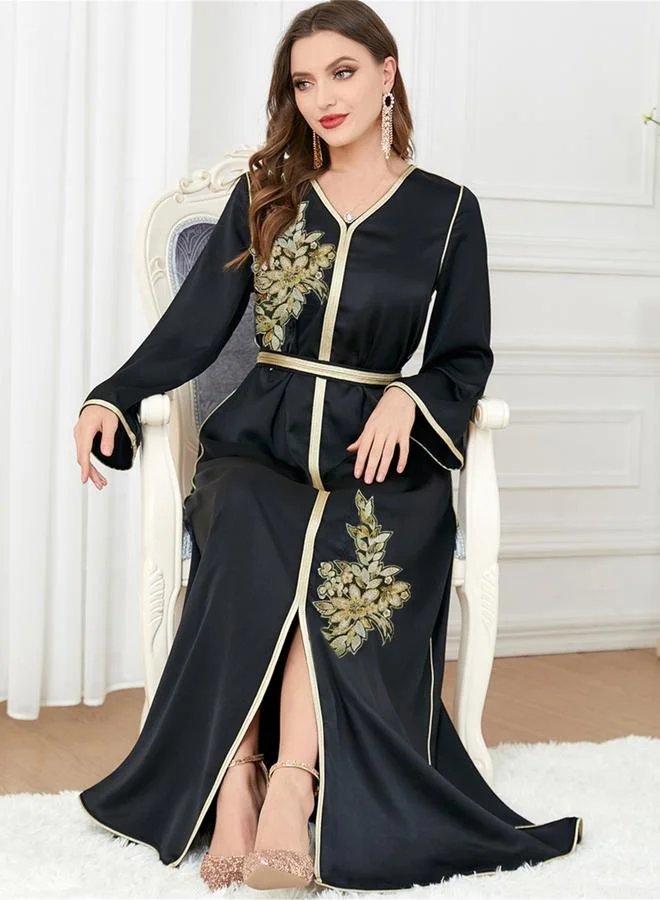 Take Two Women Black Graphic Patch Detail Belted Jalabiya