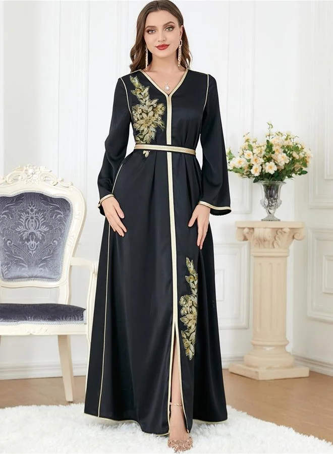 Take Two Women Black Graphic Patch Detail Belted Jalabiya