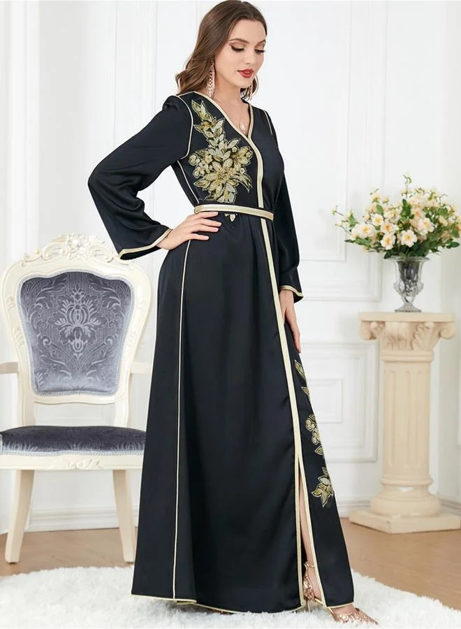 Take Two  Women Black Graphic Patch Detail Belted Jalabiya for Women | Best Price UAE