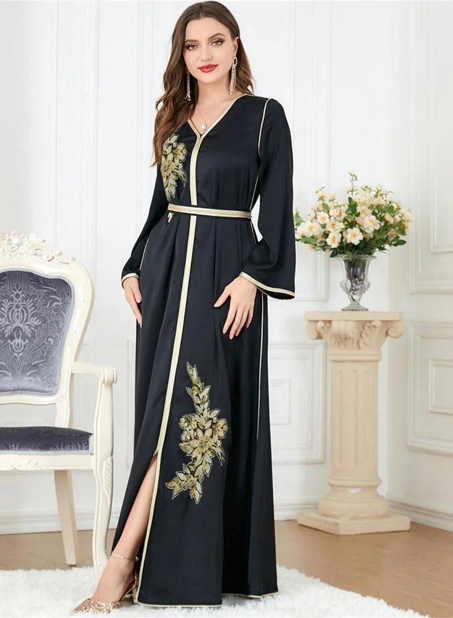 Take Two  Women Black Graphic Patch Detail Belted Jalabiya for Women | Best Price UAE