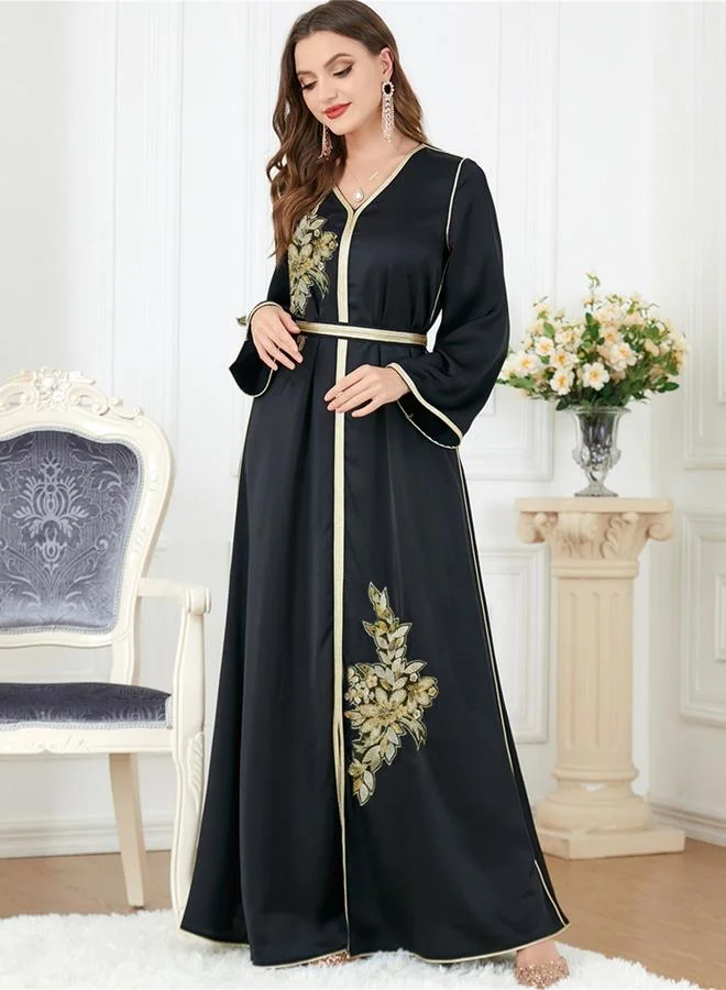 Take Two  Women Black Graphic Patch Detail Belted Jalabiya for Women | Best Price UAE