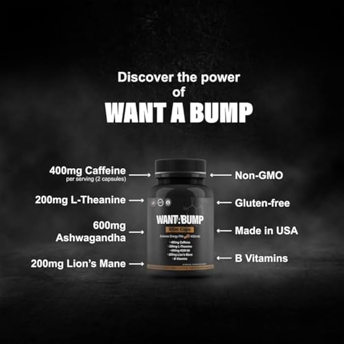 Want A Bump أريد دفعة [أصلي] حبوب الطاقة القصوى | 400 ملغ من الكافيين | فيتامينات ب | 600 ملغ أشواغاندا | 200 ملغ من فطر الأسد | 200 ملغ من L-ثيانين | يساعد في تعزيز التركيز والطاقة والمزاج | صنع في الولايات المتحدة - Image 2
