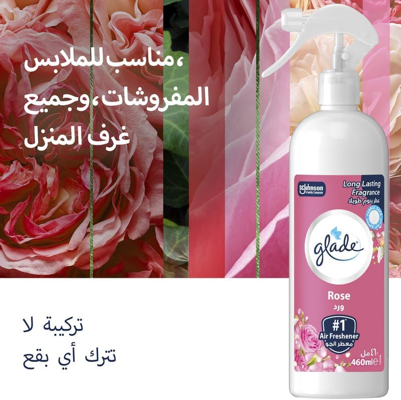 Glade Multispray Rose Air Freshener, Eliminates Unwanted Odour On both Air & Fabric, 460ml - Image 1