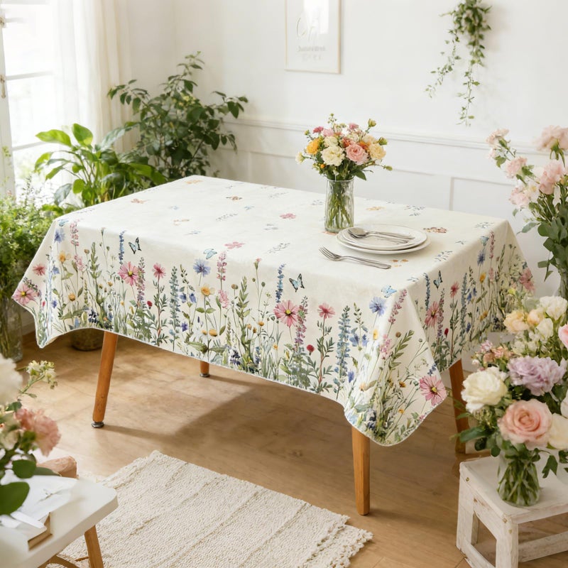 OUTCREATOR Spring Table Cloth Rectangle, Floral Waterproof Vinyl Tablecloth with Flannel Backing, Wipeable Plastic Table Cover for Kitchen Dinner Party Decor(Spring Floral,52"x70") - Image 1