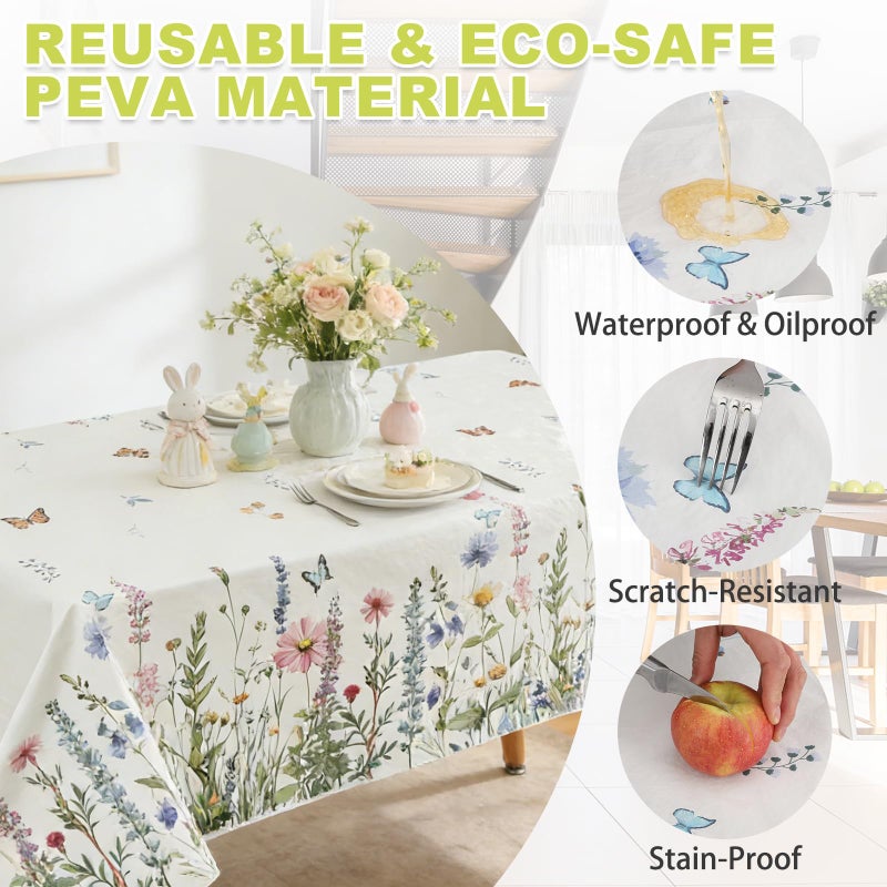 OUTCREATOR Spring Table Cloth Rectangle, Floral Waterproof Vinyl Tablecloth with Flannel Backing, Wipeable Plastic Table Cover for Kitchen Dinner Party Decor(Spring Floral,52"x70") - Image 3