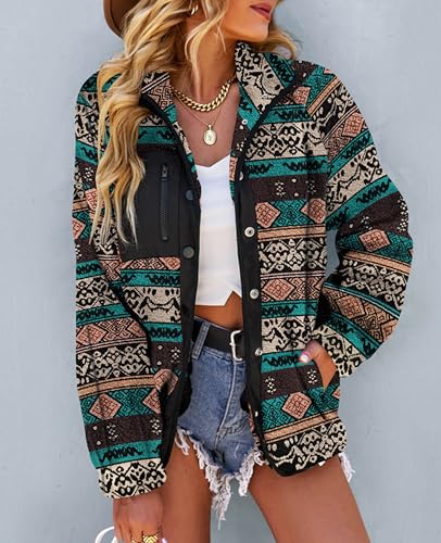 SELINK Womens Fleece Jacket Western Aztec Print Long Sleeve Snap Button Down Shacket Jackets with Pockets Black-M - Image 3