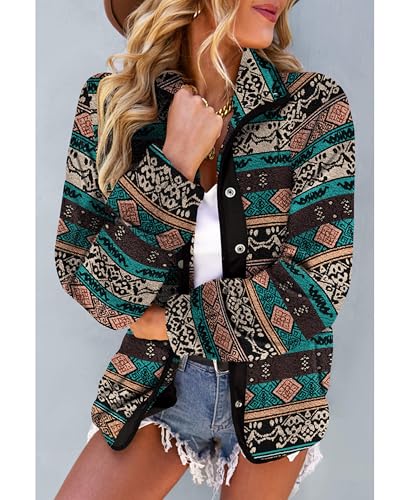 SELINK Womens Fleece Jacket Western Aztec Print Long Sleeve Snap Button Down Shacket Jackets with Pockets Black-M - Image 4