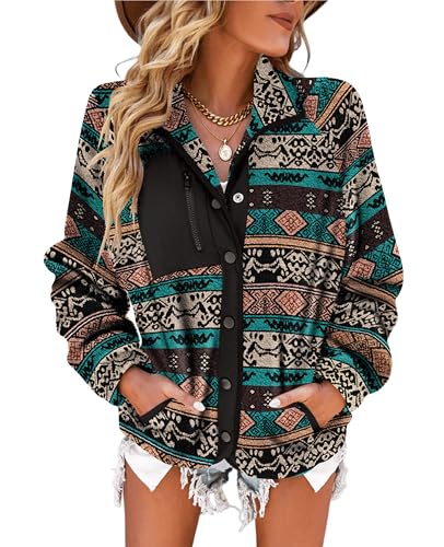 SELINK Womens Fleece Jacket Western Aztec Print Long Sleeve Snap Button Down Shacket Jackets with Pockets Black-M - Image 1