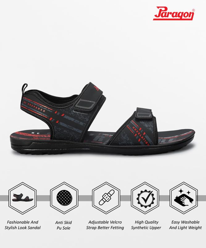 PARAGON Men's Stylish Outdoor Black Velcro Sandals | Comfortable for Daily Use | Casual, Durable & Lightweight With Cushioned Soles - Image 3