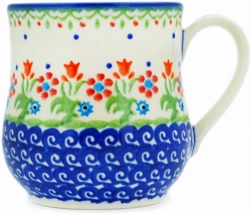 Polmedia Polish Pottery Authentic Polish Pottery Mug 13 oz in Spring Flowers Design Handmade in Bolesawiec Poland by Ceramika Bona  Certificate of Authenticity - Image 1