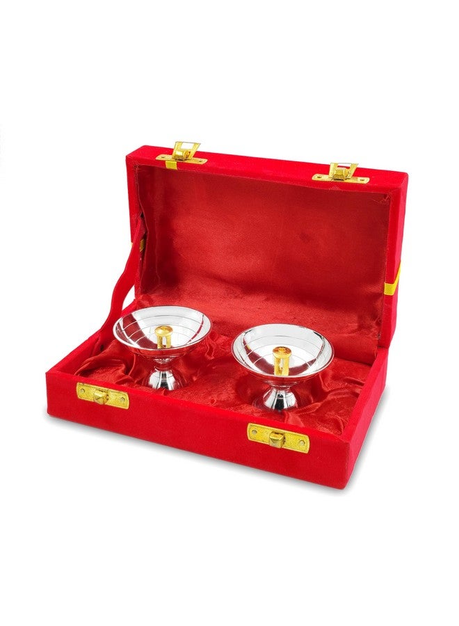 BENGALEN Diya Silver Plated with Red Velvet Gift Box Brass Piyali Dia Pooja Items Diwali Decoration Puja Gifts Handmade Oil Lamp Traditional Indian Deepawali Gift Items - Image 1