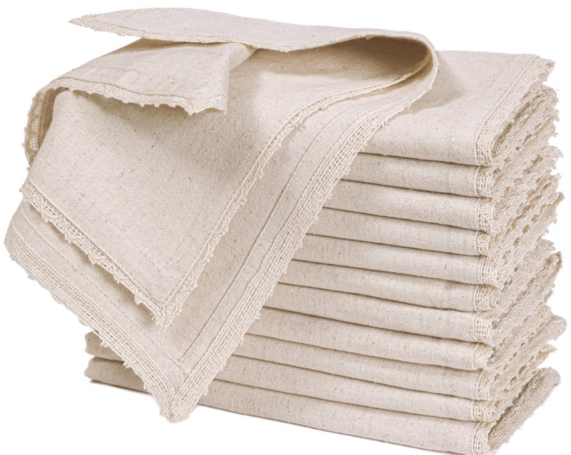 Bedding Craft Cloth Dinner Napkins Linen Flax Cotton 18x18 Set of 12 – Natural with Lace & Mitered Corners – Machine Washable Reusable Fabric Napkins for Weddings, Parties & Table Decorations - Image 1