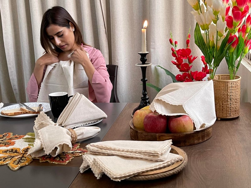 Bedding Craft Cloth Dinner Napkins Linen Flax Cotton 18x18 Set of 12 – Natural with Lace & Mitered Corners – Machine Washable Reusable Fabric Napkins for Weddings, Parties & Table Decorations - Image 3