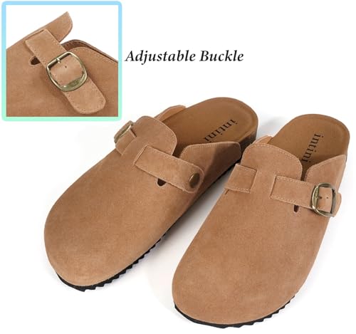 Intini Suede Leather Clogs for Men Womens Adjustable Buckle Cork Footbed Non-Slip Slippers Home Sandals Light Brown - Image 5