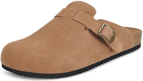 Intini Suede Leather Clogs for Men Womens Adjustable Buckle Cork Footbed Non-Slip Slippers Home Sandals Light Brown - Image 1