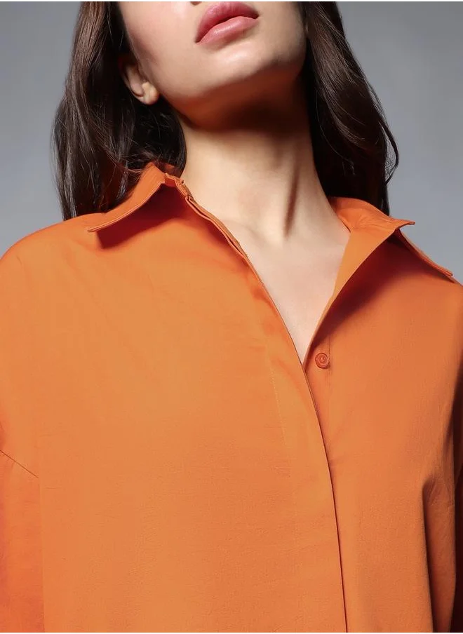 HIGH STAR Stay effortlessly stylish with this comfortable Orange Oversized Shirts Solid design crafted from 100% Cotton featuring Long Sleeves with Button closure.