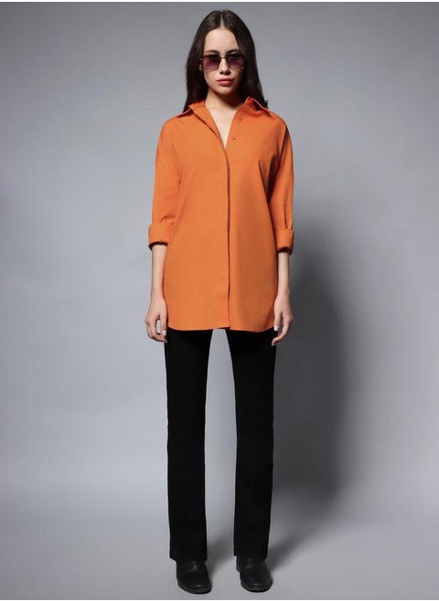 Women's Orange 100% Cotton Solid Pattern Button Down Shirt