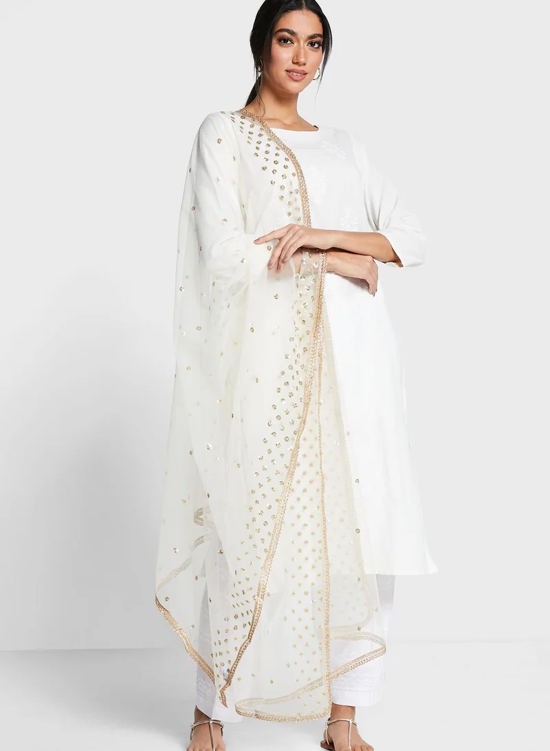 indya Sequin Embroidered Border Net Dupatta
