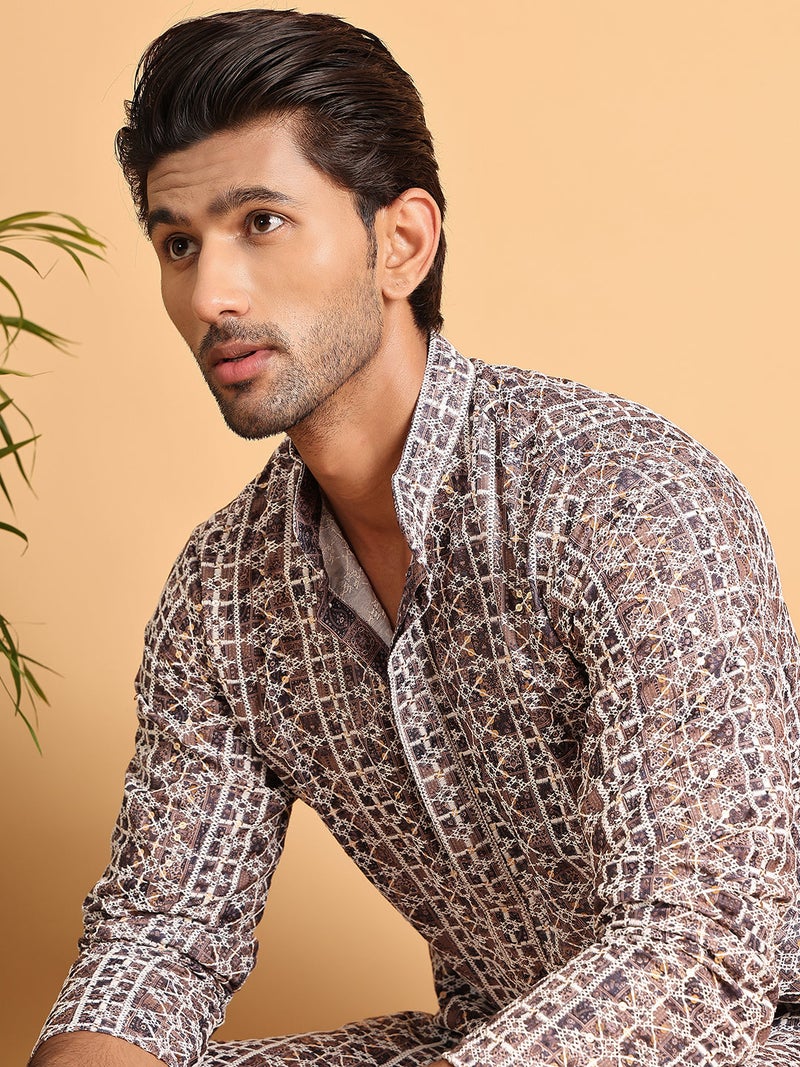 NOZ2TOZ Embroidered Coffee Kurta for Men - Image 1