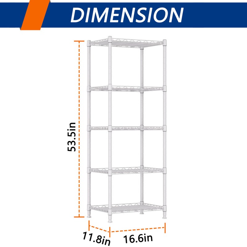 REGILLER 5-Wire Shelving Metal Storage Rack Adjustable Shelves,Standing Storage Shelf Units for Laundry Bathroom Kitchen Pantry Closet(White,11.8" D x 16.6" W x 53.5" H) - Image 4