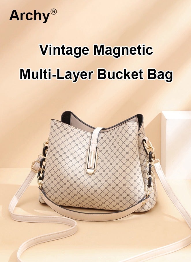 Archy Fashionforward PU Leather Handbag for Women Elegant Shoulder Bag Quilted Patterned Crossbody Bag Vintage Magnetic MultiLayer Bucket Bag Allmatch Style for LadiesMother - Image 1