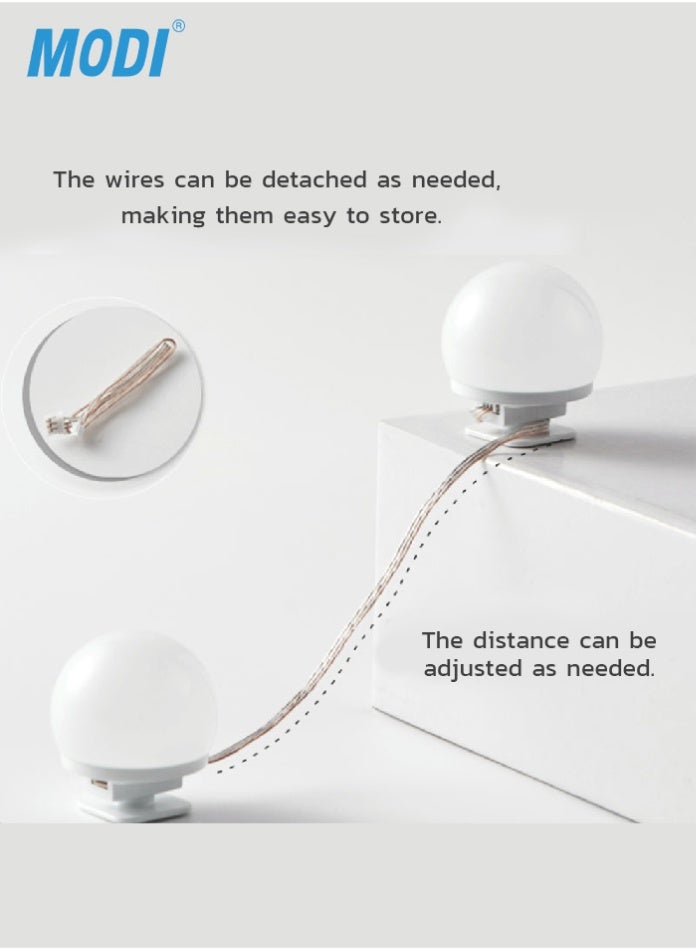 مودي مصابيح مرآة المكياج - مصابيح LED لطاولات الزينة مع كابلات قابلة للتعديل ومنفذ USB | ٨، ١٠، ١٢ لمبة | سهلة التركيب لطاولات الزينة والحمامات - Image 5