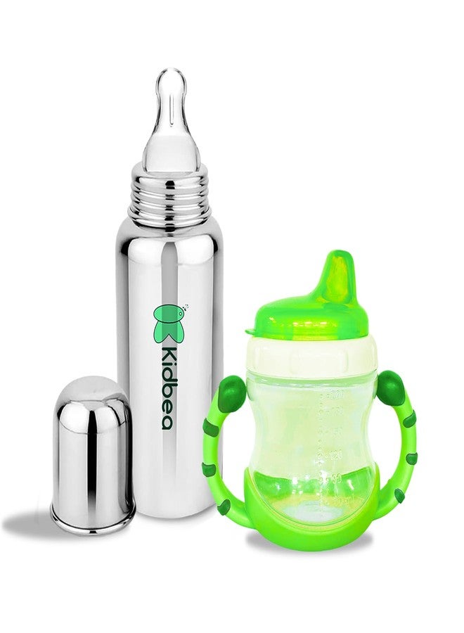 Kidbea® Stainless Steel Baby Feeding Bottle & Spill-Proof Sippy Cup Set | BPA-Free, Easy Grip, Leak-Proof, for 6M+ Infants & Toddlers (Green) - Image 1