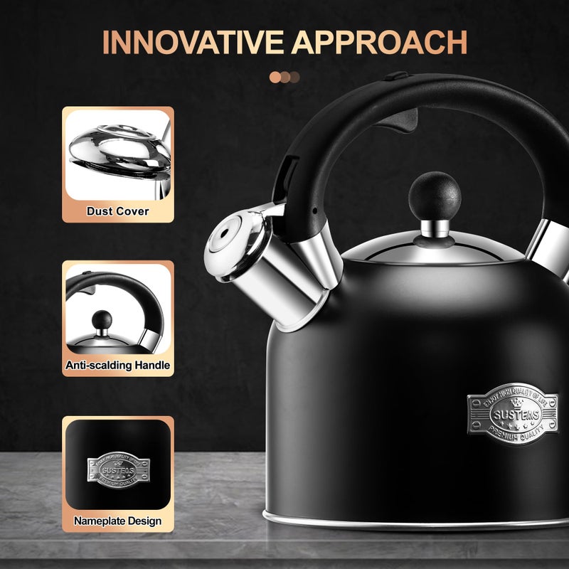 SUSTEAS Tea Kettle - 3.17QT Whistling Kettle with Ergonomic Handle - Premium Stainless Steel Tea Pots for Stove Top, Chic Vintage Teapot with Composite Base, Work for All Stovetops (Black) - Image 2