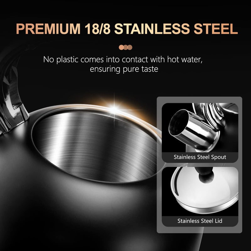 SUSTEAS Tea Kettle - 3.17QT Whistling Kettle with Ergonomic Handle - Premium Stainless Steel Tea Pots for Stove Top, Chic Vintage Teapot with Composite Base, Work for All Stovetops (Black) - Image 5