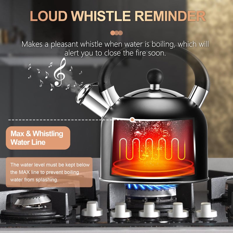 SUSTEAS Tea Kettle - 3.17QT Whistling Kettle with Ergonomic Handle - Premium Stainless Steel Tea Pots for Stove Top, Chic Vintage Teapot with Composite Base, Work for All Stovetops (Black) - Image 4