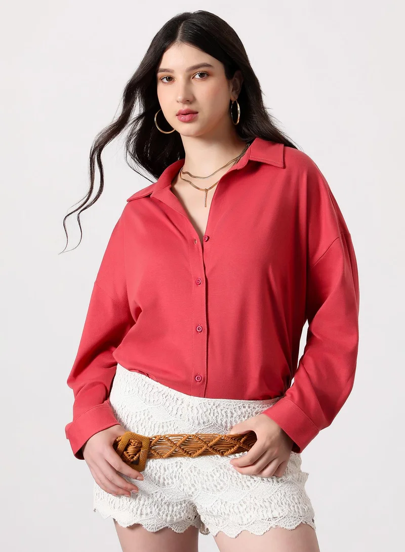 Women's Rose Red Solid-Knit Oversized Shirt | نساء | أكمام طويلة | سادة | طوق منتشر | كاجوال كبير الحجم | قميص