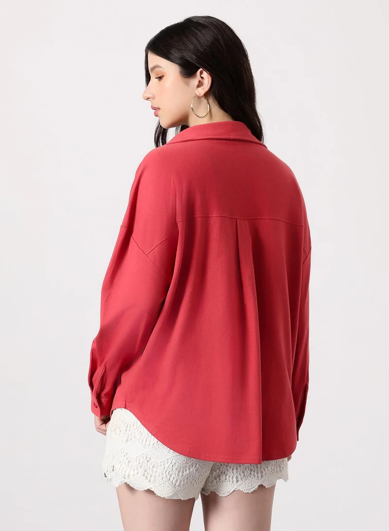 Pinacolada  Women's Rose Red Solid-Knit Oversized Shirt | نساء | أكمام طويلة | سادة | طوق منتشر | كاجوال كبير الحجم | قميص for Women | Best Price UAE