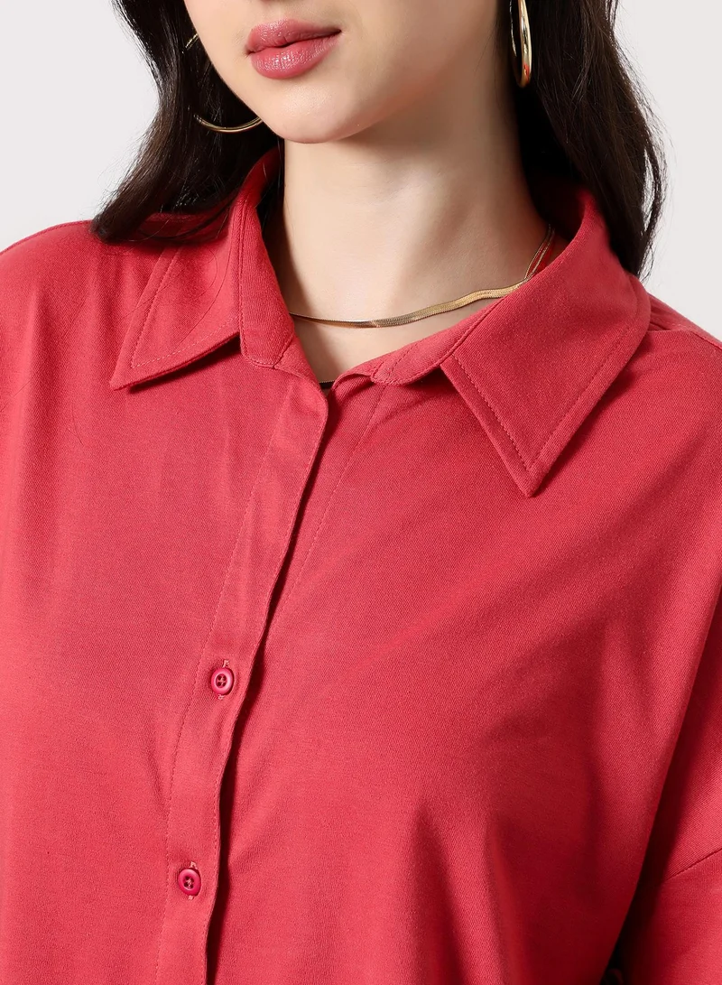 Pinacolada  Women's Rose Red Solid-Knit Oversized Shirt | نساء | أكمام طويلة | سادة | طوق منتشر | كاجوال كبير الحجم | قميص for Women | Best Price UAE