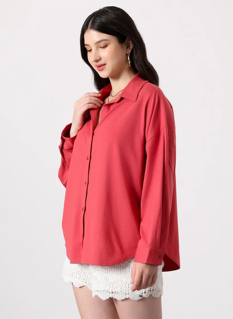 Pinacolada  Women's Rose Red Solid-Knit Oversized Shirt | نساء | أكمام طويلة | سادة | طوق منتشر | كاجوال كبير الحجم | قميص for Women | Best Price UAE