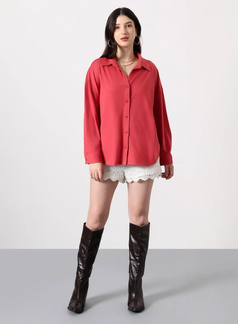 Pinacolada  Women's Rose Red Solid-Knit Oversized Shirt | نساء | أكمام طويلة | سادة | طوق منتشر | كاجوال كبير الحجم | قميص for Women | Best Price UAE