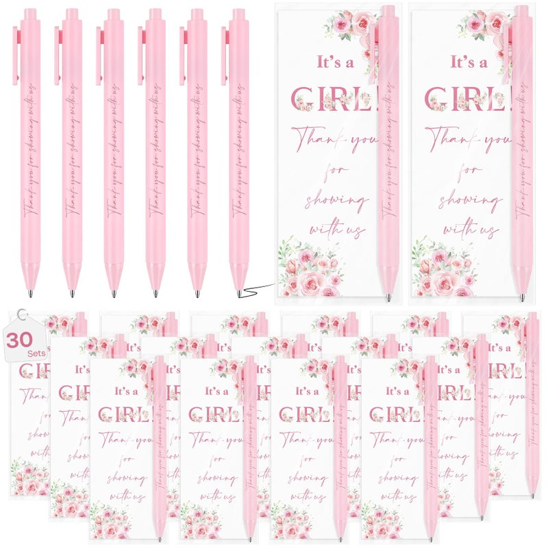 Stuffygreenus 30 Sets It's a Girl Pens for Guests Girl Party Favors Retractable Ballpoint Pen with Bookmarks Black Ink Gender Reveal Souvenirs Prizes Supplies - Image 1