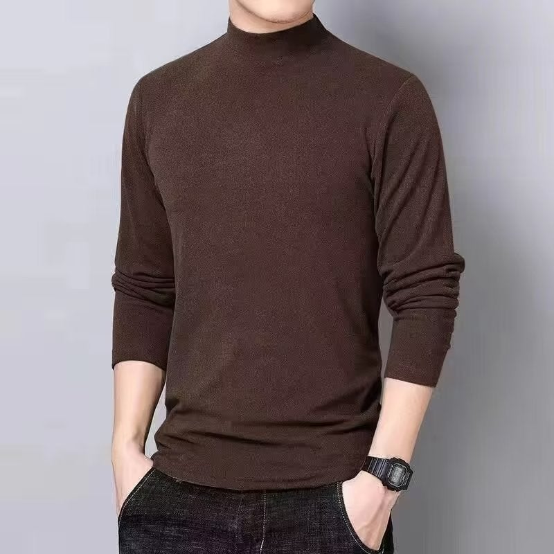 Double-Sided Velvet Semi-High Collar Base Shirt Men'S Spring, Warm Inner Long Sleeve T-Shirt Men - Image 1