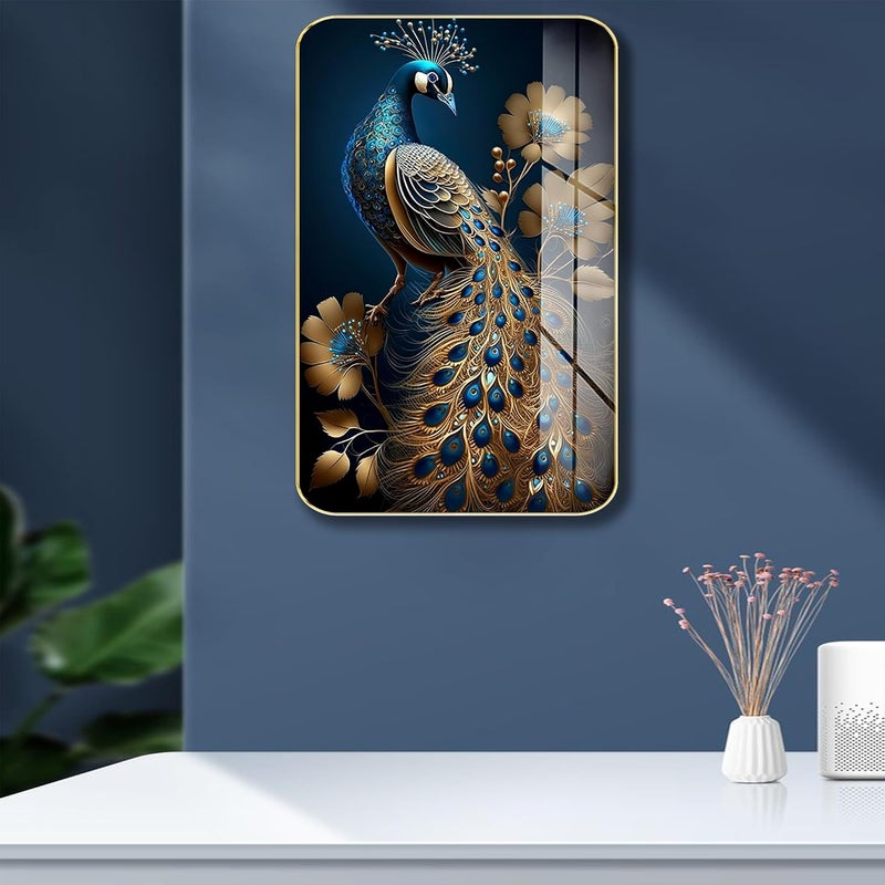 لوحة فنية جدارية ماسستون كريستال بريميوم بتأثير الطاووس الذهبي بسطح لامع عالي الإضاءة وإطار نحيف ذهبي 45x30 سم لتزيين غرفة المعيشة وغرفة النوم والمكتب