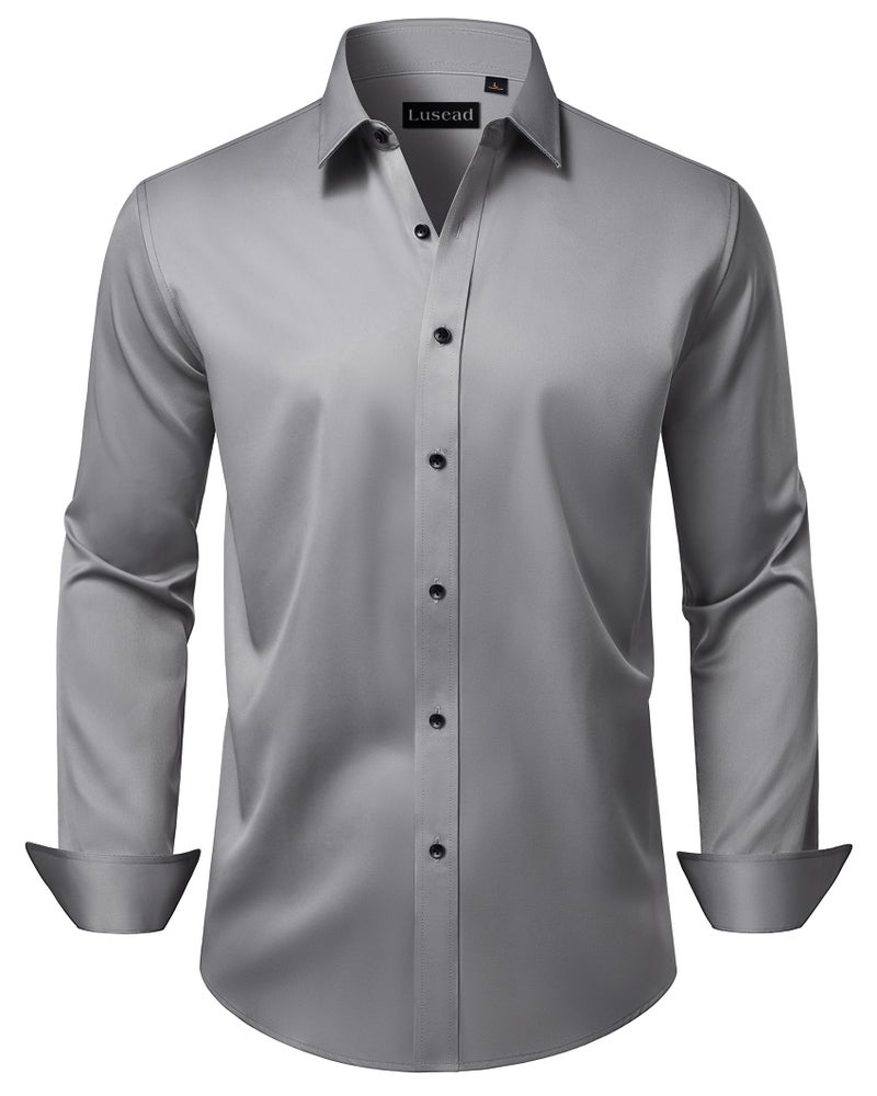 Lusead Button Down Shirt Men Grey Long Sleeve Stretch Wrinkle Free Religious Activities Formal Silver Dress Shirts for Men - Image 1