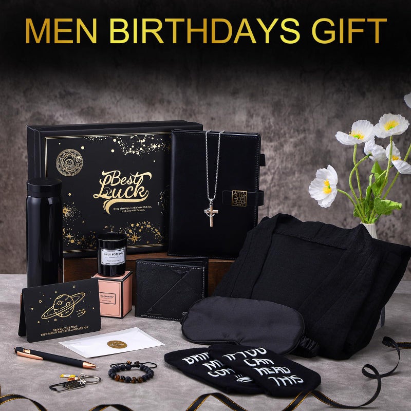 Afarnook 13 Pcs Birthdays Gifts Baskets for Men Get Well Gifts Set for Men Father's Day Gift Box Tumbler Wallet Robe Scented Candle Notebook Sock Bracelet for Father Dad Boyfriend Husband(Black) - Image 3