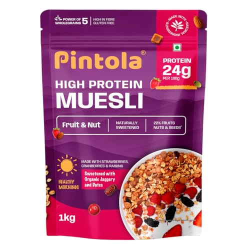 Pintola 24g High Protein Muesli, Fruit & Nut, 1kg | Gluten-Free, Naturally Sweetened with Organic Jaggery & Dates, 22% Fruits, Nuts & Seeds, No Refined Sugar, Healthy Breakfast Cereal - Image 1