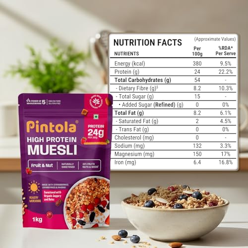 Pintola 24g High Protein Muesli, Fruit & Nut, 1kg | Gluten-Free, Naturally Sweetened with Organic Jaggery & Dates, 22% Fruits, Nuts & Seeds, No Refined Sugar, Healthy Breakfast Cereal - Image 5